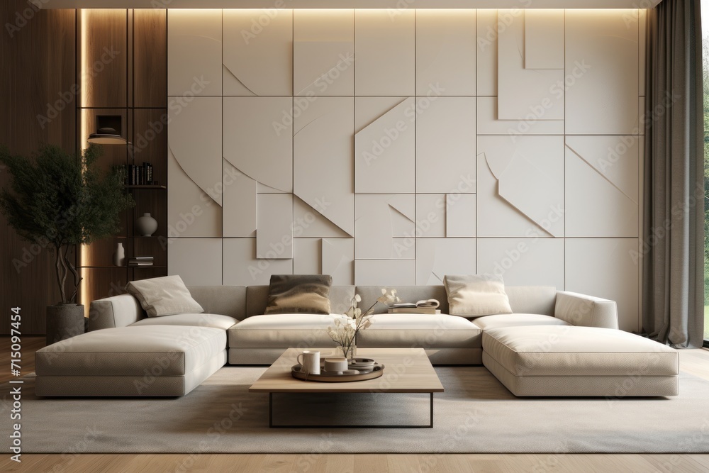 Poster a living room with a large couch and a coffee table in front of a wall with a geometric pattern on i
