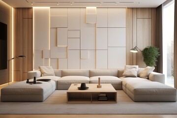  a living room with a large sectional couch and a coffee table in front of a large window with a potted plant in the corner.
