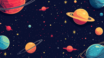 Doodles of space including planets, stars and other celestial bodies.