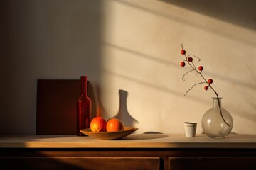  a bowl of fruit sitting on a table next to a bottle of wine and a vase filled with oranges.
