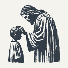 Ilustration of Jesus Christ Blessing a Child. Vintage block print style vector illustration with grunge effect.