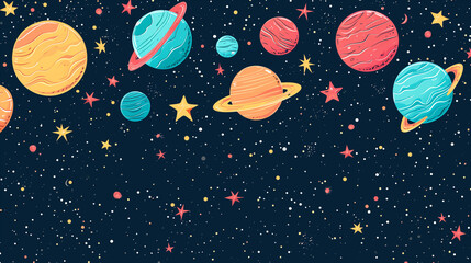 Doodles of space including planets, stars and other celestial bodies.