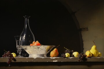  a table topped with a bowl of fruit next to a bottle of wine and a bowl of fruit on top of a table.