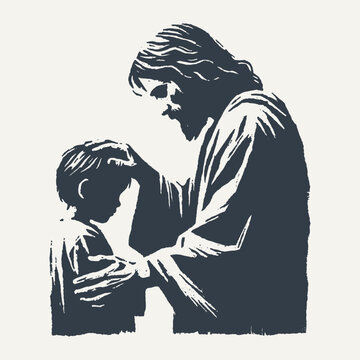 Ilustration of Jesus Christ Blessing a Child. Vintage block print style vector illustration with grunge effect.