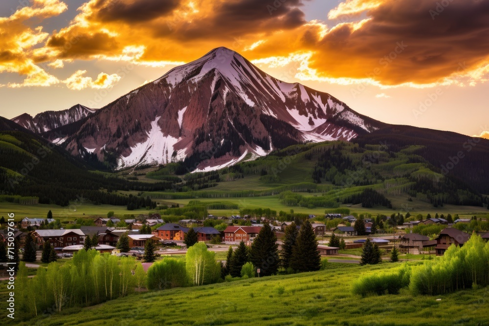 Aufkleber a view of a mountain in the distance with houses in the foreground and a cloudy sky in the backgroun