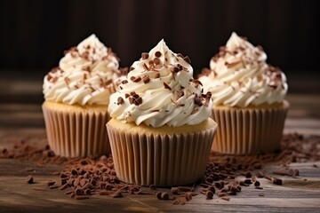  three cupcakes with white frosting and chocolate sprinkles on a wooden table with scattered chocolate chips.