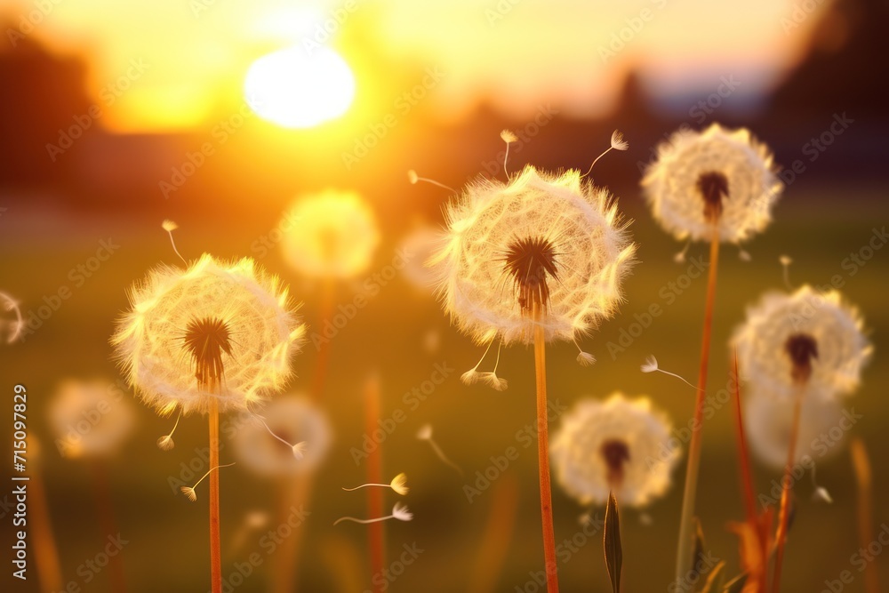 Poster  a close up of a bunch of dandelions in a field with the sun setting in the back ground.