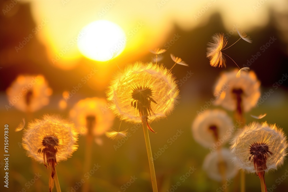 Poster a field full of dandelions with the sun setting in the backround behind the dandelions.