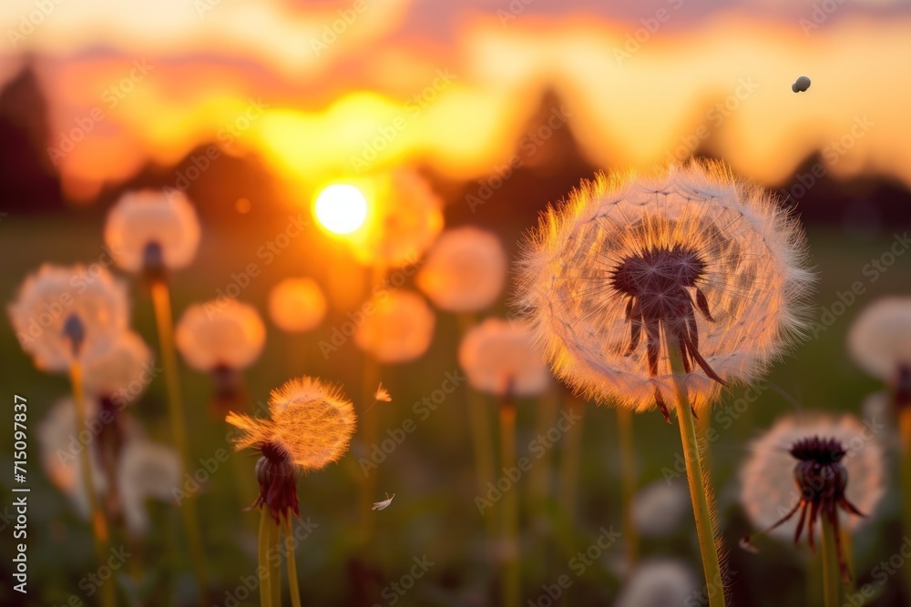 Poster a field full of dandelions with the sun setting in the background and a bird flying in the air.