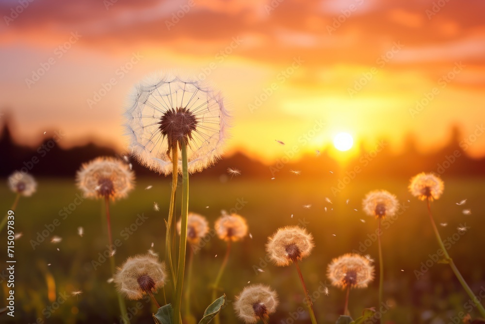 Aufkleber a close up of a dandelion with the sun in the background and a field in the foreground.