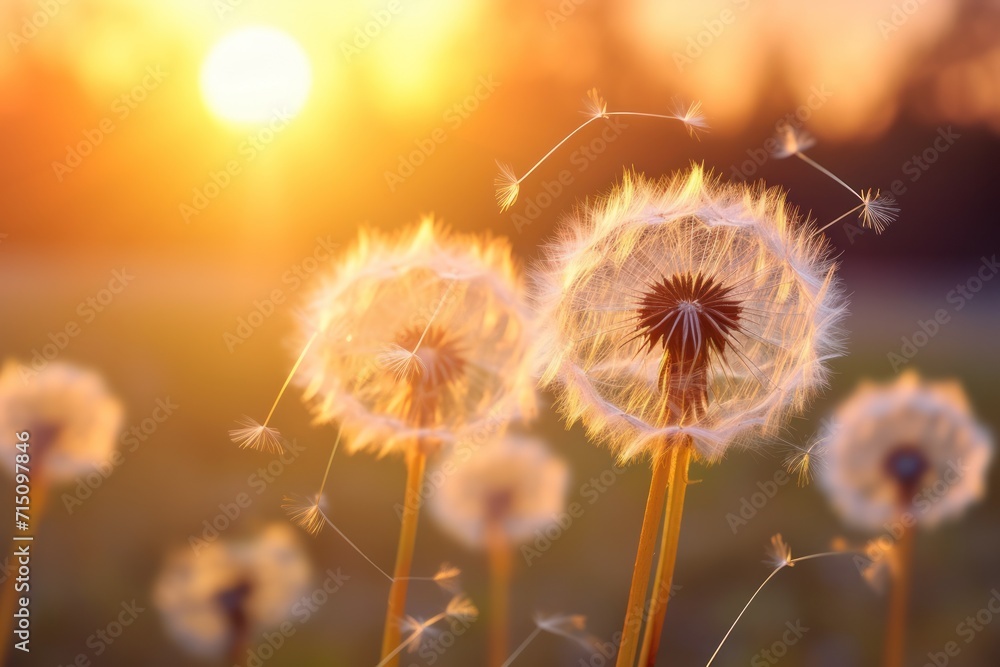 Poster a close up of a bunch of dandelions with the sun in the background and a field in the foreground.