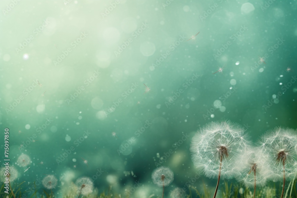 Poster a close up of a dandelion in a field of grass with a blurry sky in the background.