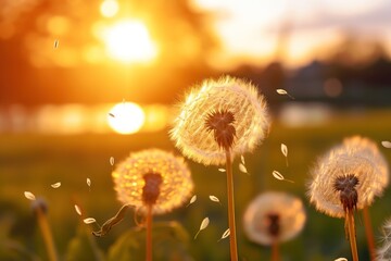  a group of dandelions blowing in the wind in a field of grass with the sun setting in the background.