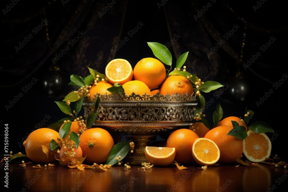 Poster a bunch of oranges sitting on top of a table next to a bowl of oranges on a table.