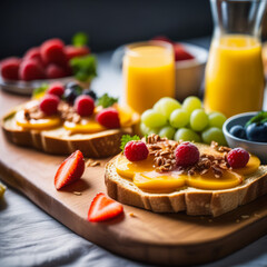 a collection of wholesome breakfast items paired with an array of refreshing fruits on a wooden board
