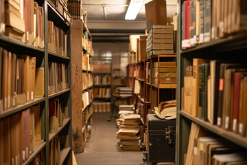 Obraz premium Long library aisles with historical bookshelves. Academic research and timeless knowledge concept for educational institutions. Repository of wisdom. 