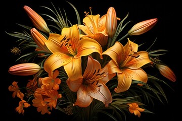  a painting of a bouquet of orange lilies on a black background with green leaves and flowers in the foreground.