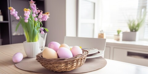 Painted Easter eggs in a wicker basket