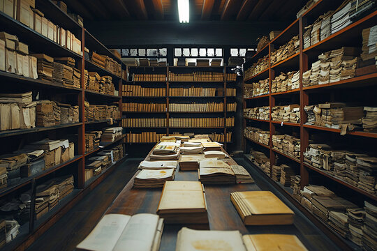 Vintage library with rows of old books. Historical archives concept for education and research. Wisdom preservation and literary heritage.
