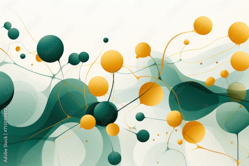 Poster a painting of a bunch of green and yellow balls on a white background with a swirly pattern on the b