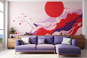  a living room with a large painting on the wall and a purple couch in front of a large painting on the wall.