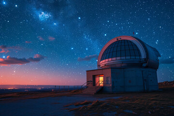 Observatory under the stars. Astrophotography location for scientific observation. Astronomy and...