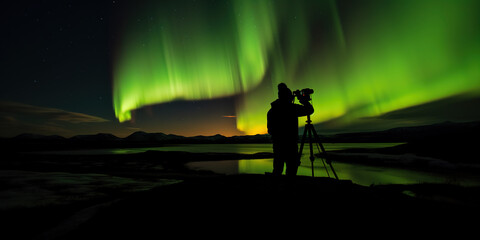 Obraz na płótnie Canvas silhouette of photographer with a tripod who takes a photo of Aurora lights in the night sky