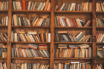 Wooden Shelf Filled With Books Is Presented In Library, With Front View And Blurred Image, Contributing To Historical Literature Concept. Vintage, Antiquarian Essence Of Aged And Worn Books, Classical