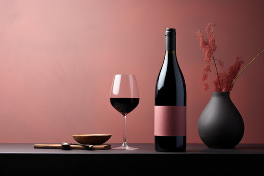  a bottle of wine and a glass of wine on a table with a bowl of food and a bottle of wine.
