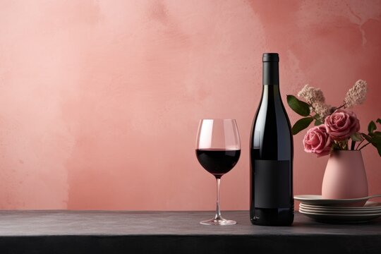  a glass of wine next to a bottle of wine and a plate with a vase of flowers on a table.