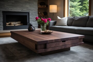  a living room with a couch a table and a vase of flowers on a coffee table in front of a fireplace.