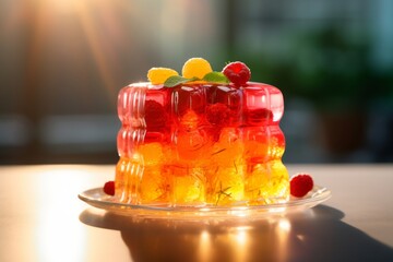 Red yellow jelly adorned with raspberries. Sweet fruit dessert. For use in culinary websites, food blogs, catering services, recipe books, and dessert menus. Light blurred background. - obrazy, fototapety, plakaty