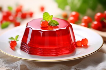 Vibrant red jelly served on a plate, adorned with strawberries. Sweet fruit dessert. For use in culinary websites, food blogs, catering services, recipe books, and dessert menus. Light background