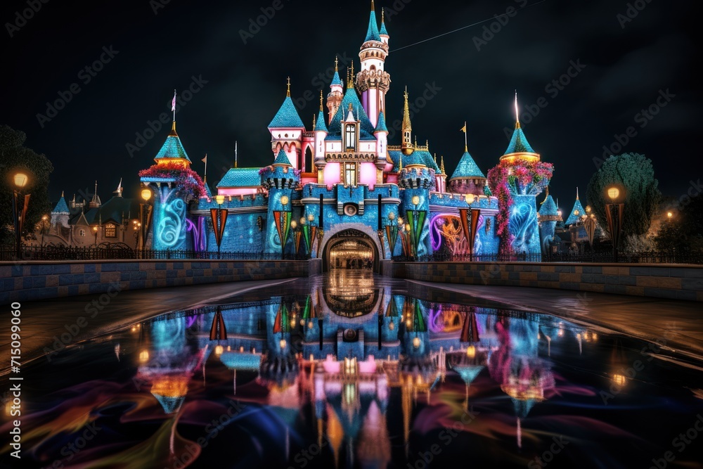 Poster a colorful castle lit up at night with a reflection in the water at the bottom of the castle is lit 