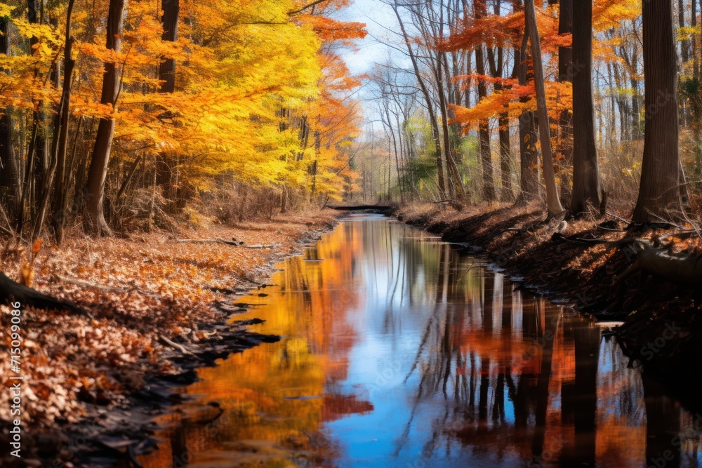 Poster a stream running through a forest filled with trees covered in fall leaves and orange and yellow lea