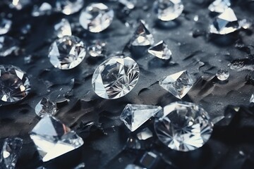  a bunch of diamonds sitting on top of a black piece of paper with drops of water on top of them.