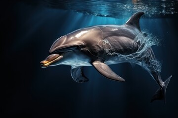  a dolphin swimming in the ocean with a light on it's head and a light on it's mouth.