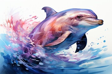  a painting of a dolphin jumping out of the water with splashes of paint on it's back legs.