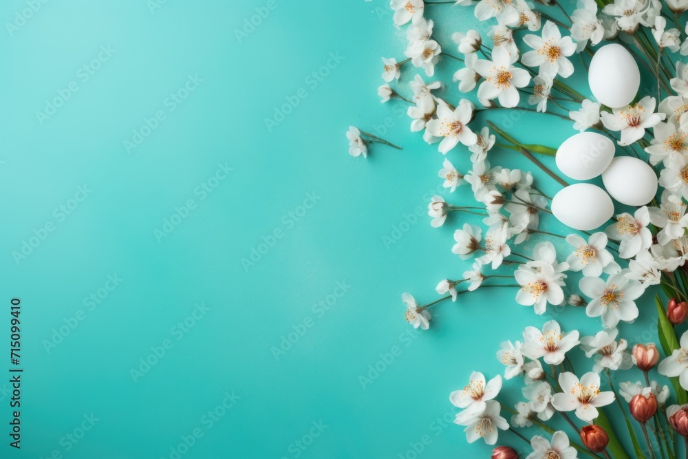 Poster  a bunch of white flowers and eggs on a blue background with a place for a text or an image with a place for text.