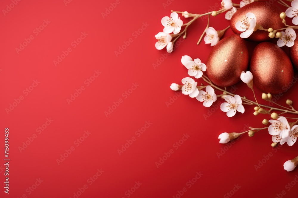 Poster a bunch of red eggs on a branch with white flowers on a red background with a place for a text.