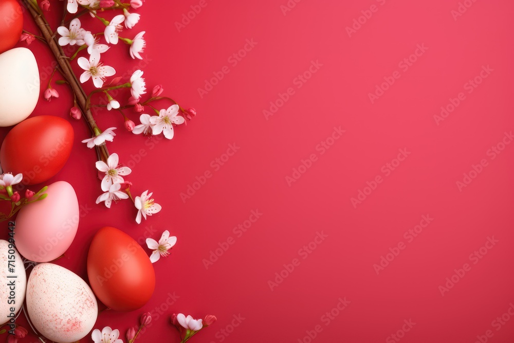 Poster a bunch of eggs sitting on top of a table next to a branch of a tree with flowers on it.