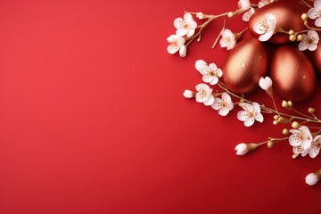 a bunch of red eggs on a branch with white flowers on a red background with a place for a text.