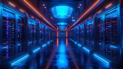 data center with blue lighting and rows of server. light in the tunnel