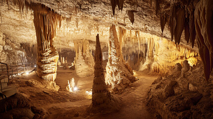 Illuminated cave with stalagmites and path. Underground geological formation for nature exploration and spelunking concept.
