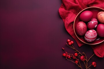  a bowl filled with red and gold decorated eggs on top of a red cloth next to a sprig of red berries.