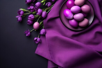  a plate of chocolate eggs on a purple cloth with purple tulips and a purple cloth on the side.