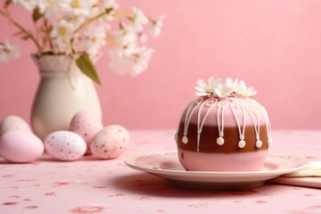  a pink table topped with a cake covered in icing next to a vase filled with white flowers and eggs.