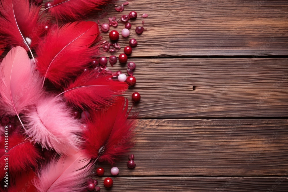 Poster  a bunch of red feathers and berries on a wooden background with a place for a text or a picture on the left side of the image.