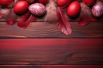  a bunch of red eggs and feathers on a wooden background with a place for a text or an image to put on it.