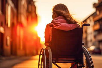 Young disabled woman in a wheel chair on a walk at sunset - 715100051